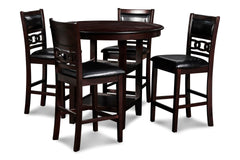 The stylish Gia 5 Piece Counter Dining Table and Chair set is built with comfort, durability and function in mind. This dining set provides spacious seating for four, with the added convenience of two storage shelves located under the table top, perfect f