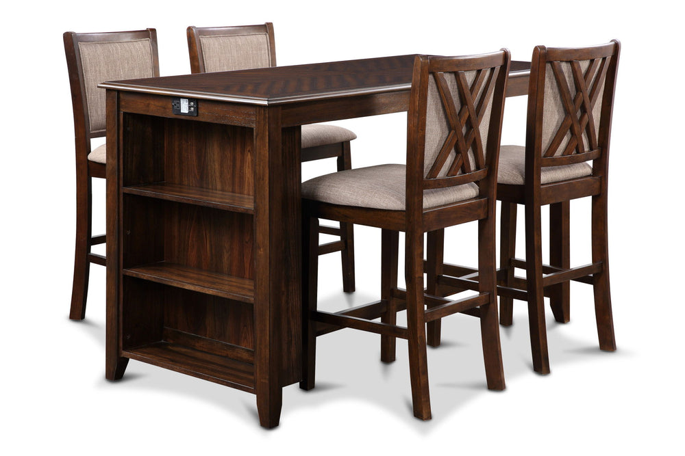 The Amy 5-piece 60â€ counter dining set is a perfect union of practicality and. This comprehensive set includes a counter-height 60" dining table with a convenient storage shelf, four chairs, along with hardware, and assembly instructions for hassle-free