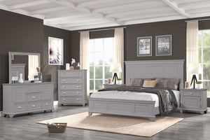 The Jamestown 6-Piece Wood Bedroom Set in Gray offers the perfect blend of modern transitional style and enduring craftsmanship, creating a sophisticated and organized bedroom retreat. This comprehensive set includes a Panel Bed, Dresser, Mirror, Chest of