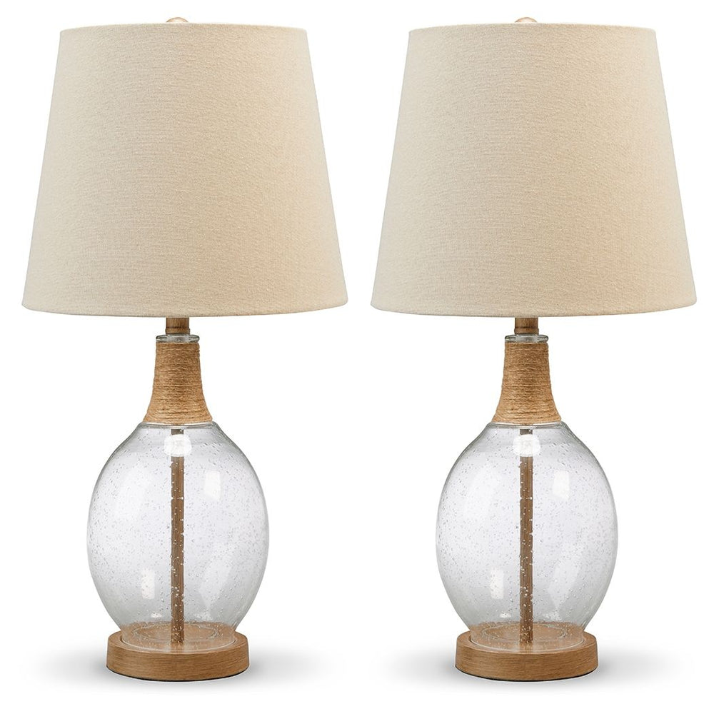 This elegant table lamp adds a timeless touch to coastal interiors. Featuring a seeded glass jar-style body with rope accents, it-'s the perfect piece for your bedside nightstand or living room side table. A metal circular platform base and modified drum 