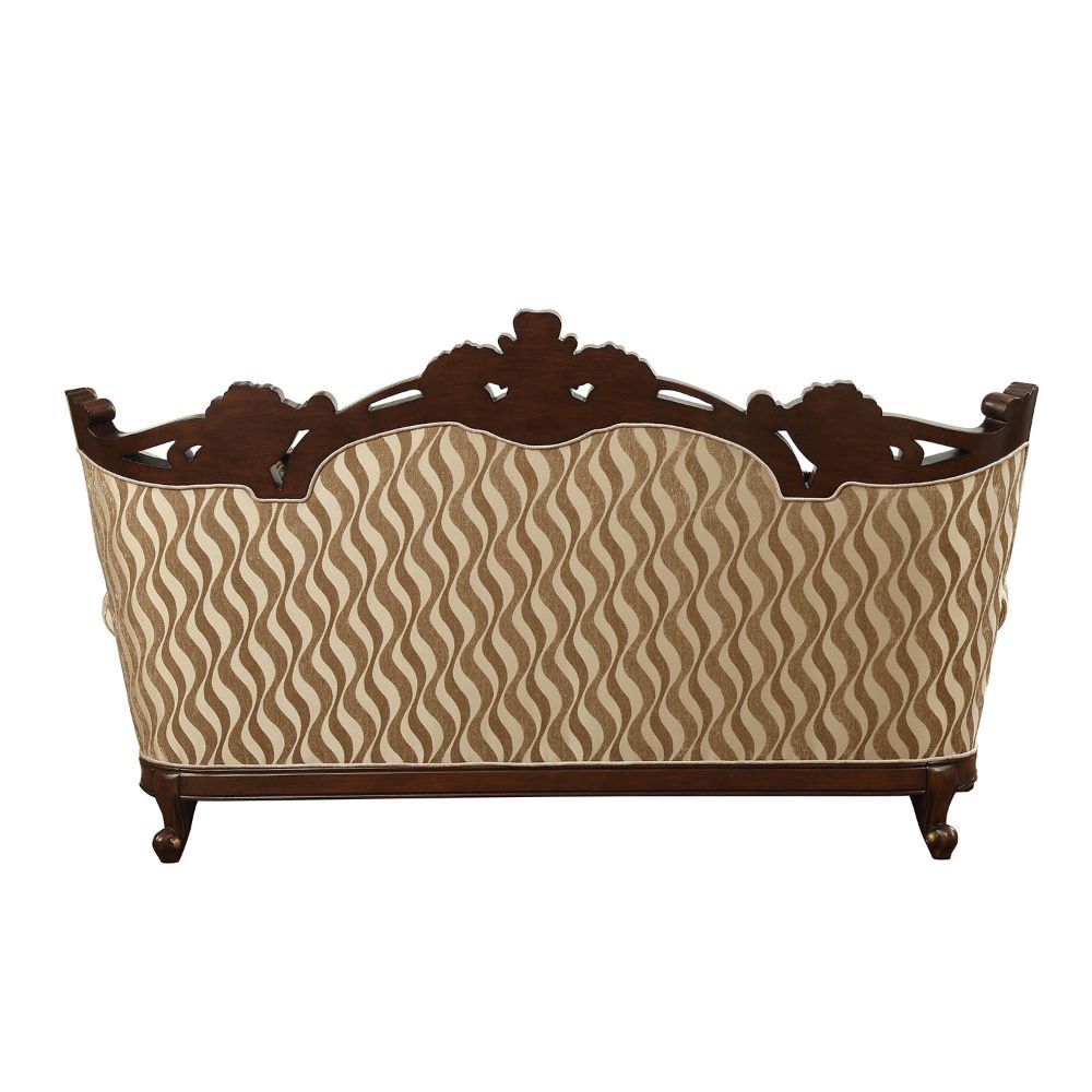 With classical palace curved wingback style, this elegant sofa set come with intricately carved solid wood frame outlines the gracefully curved rolled arms. Crystal like button tufted back, contrast shapes pillows and unique pattern fabric bring comfortab