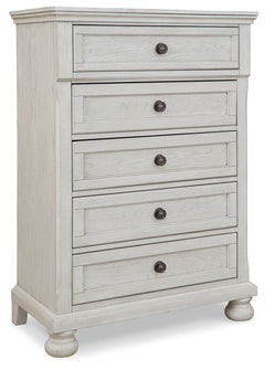 Elegant, timeless furnishings take your bedroom to the next level. Nothing does that better than this chest of drawers. The antiqued white finish with a wonderful grain texture radiates sophistication, while dark bronze-tone knobs add an ornate touch. Fel