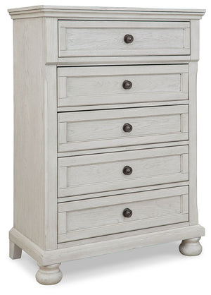 Elegant, timeless furnishings take your bedroom to the next level. Nothing does that better than this chest of drawers. The antiqued white finish with a wonderful grain texture radiates sophistication, while dark bronze-tone knobs add an ornate touch. Fel
