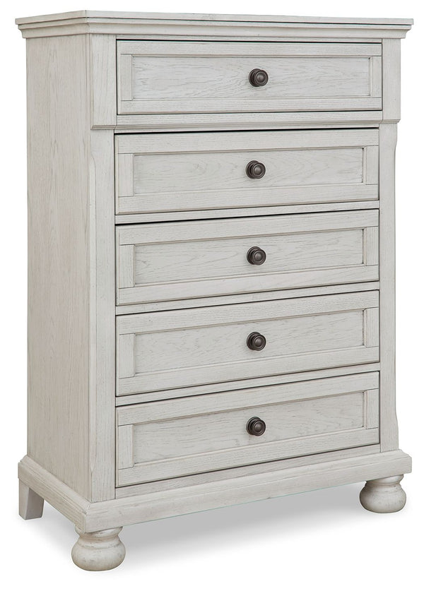 Elegant, timeless furnishings take your bedroom to the next level. Nothing does that better than this chest of drawers. The antiqued white finish with a wonderful grain texture radiates sophistication, while dark bronze-tone knobs add an ornate touch. Fel