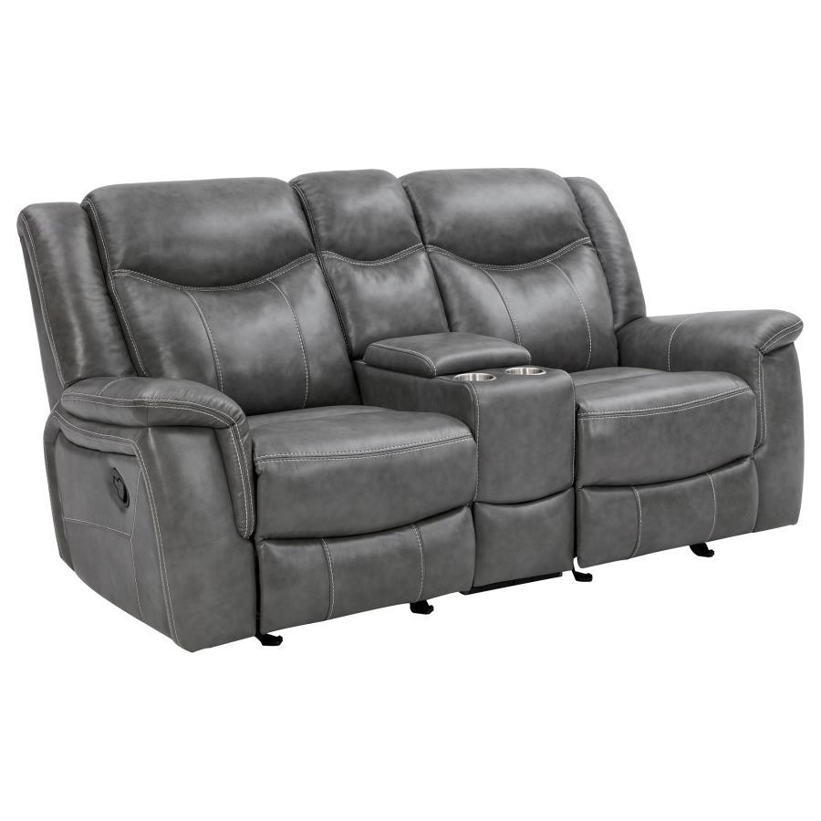 Grey is no longer drab and dreary and this decadent motion loveseat is proof. The angled seat backs feature extra padded headrests for optimal comfort. Padded armrests and recliner leg rest offer extra indulgence. Center console includes amenities like tw