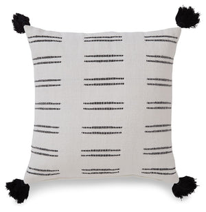 Embrace the easy elegance of this pillow. A rib stripe design in black and white has a universal appeal, suiting spaces from casual to contemporary. With black tassels on each corner, itâ€™s a timeless way to incorporate texture.<br/><br/><b>Product Featu