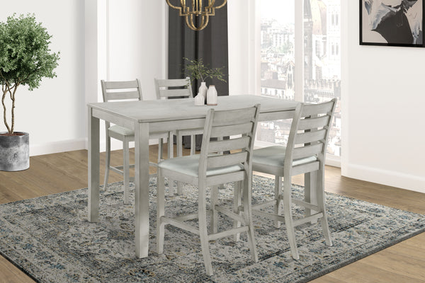  featuring a wood counter dining table and four counter chairs. This set is crafted from a durable combination of solid Rubberwood and manufactured woods