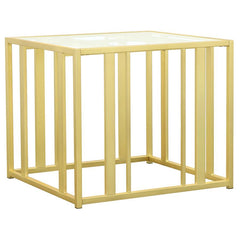 This modern side table features a tempered glass top paired with a geometric base in heavy-gauge metal with a sleek black nickel electroplated finish. The open design offers a contemporary aesthetic, blending elegance with durability. Perfect for displayi