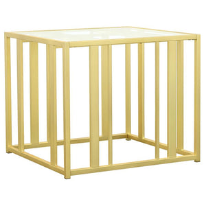 This modern side table features a tempered glass top paired with a geometric base in heavy-gauge metal with a sleek black nickel electroplated finish. The open design offers a contemporary aesthetic, blending elegance with durability. Perfect for displayi