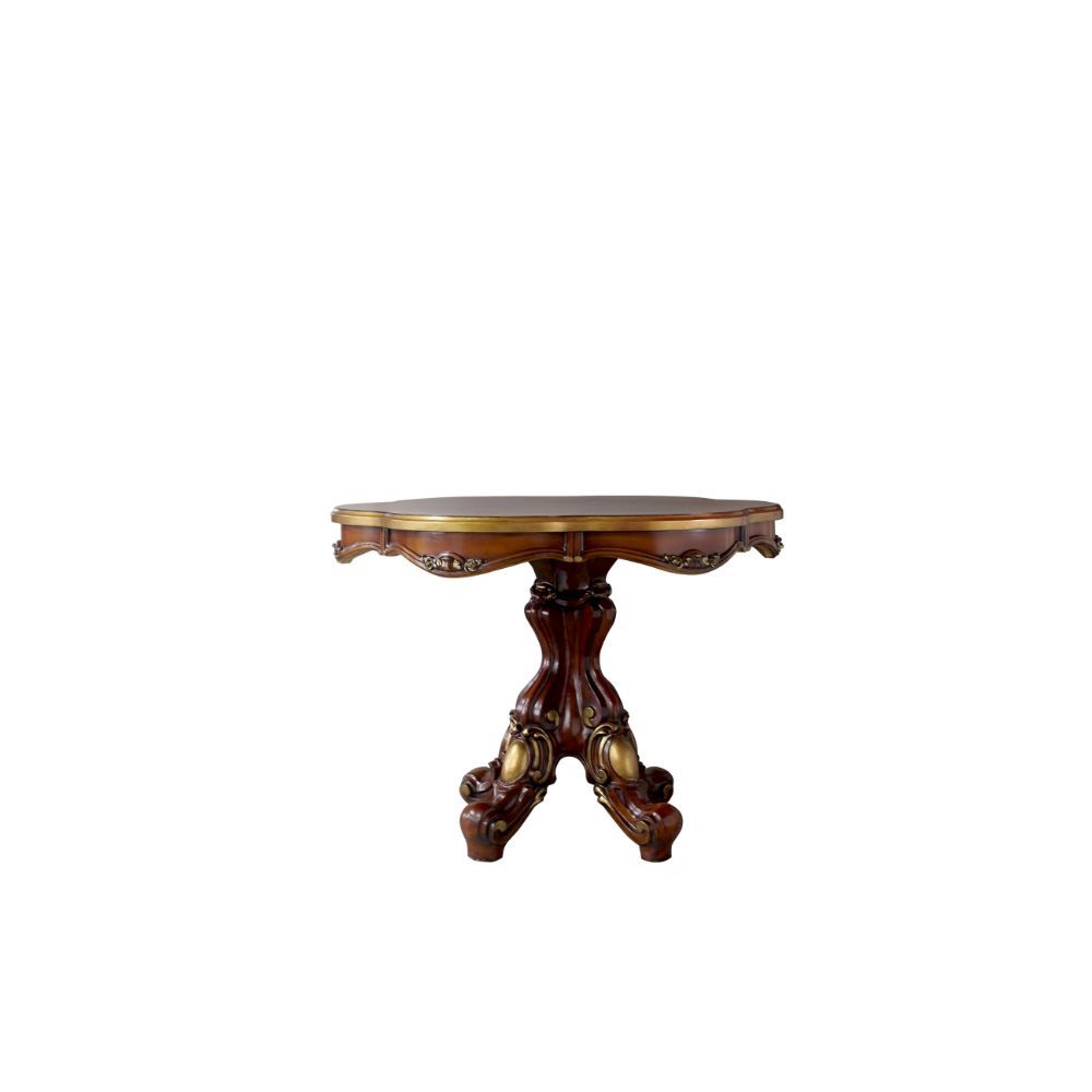 Part of Acmeâ€™s exclusive Picardy collection, this impressive counter height dining set features a round pedestal table with spectacular antique hand-brushed accents over a rich cherry oak finish. The matching counter height chairs are upholstered in PU,