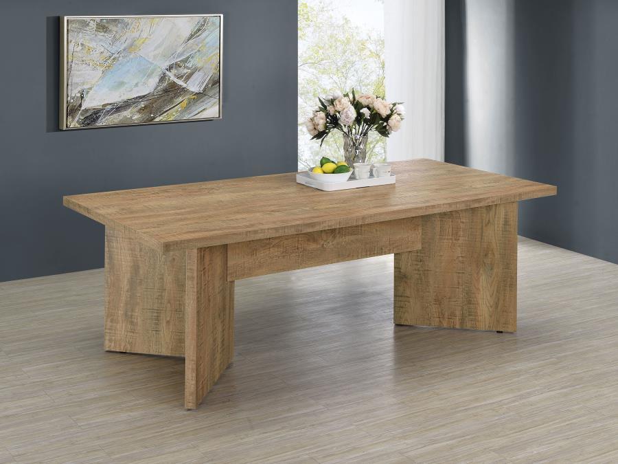 Sit down to delicious meals at a stylish, casual contemporary dining table. The classic rectangular table design features a mango wood-like decorative paper veneer that imparts character with its impressive dimension and texturing. The engaging table desi