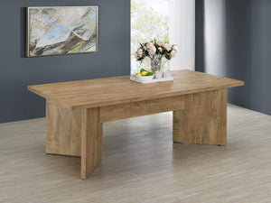  casual contemporary dining table. The classic rectangular table design features a mango wood-like decorative paper veneer that imparts character with its impressive dimension and texturing. The engaging table desi