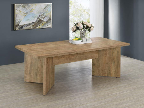  casual contemporary dining table. The classic rectangular table design features a mango wood-like decorative paper veneer that imparts character with its impressive dimension and texturing. The engaging table desi