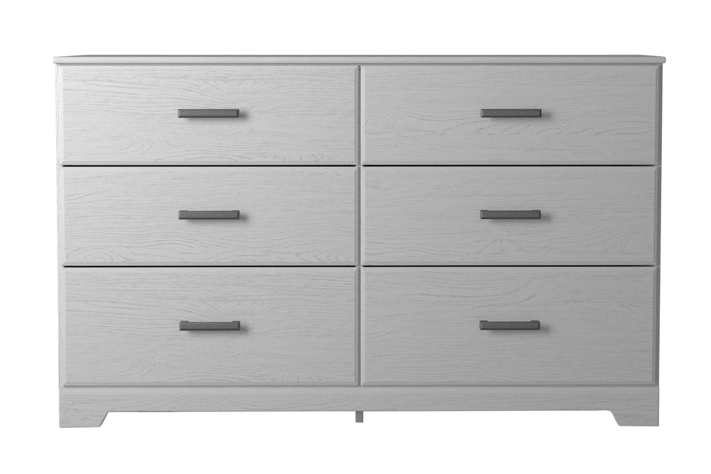 With its clean-lined look and modern attitude, this dresser with mirror is a fresh style awakening. Crisp, white hue over subtle replicated wood grain easily complements other furniture finishes. Smooth drawer fronts with antiqued pewter-tone handles comp