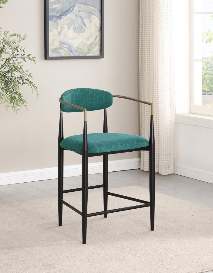 Charm is the watchword for a set of two modern counter height stools. Each embraces a light, airy ambiance with an open back and slim, rounded rest that provides ample support for everything from a leisurely meal to a quick bite. Its padded seat adds foam