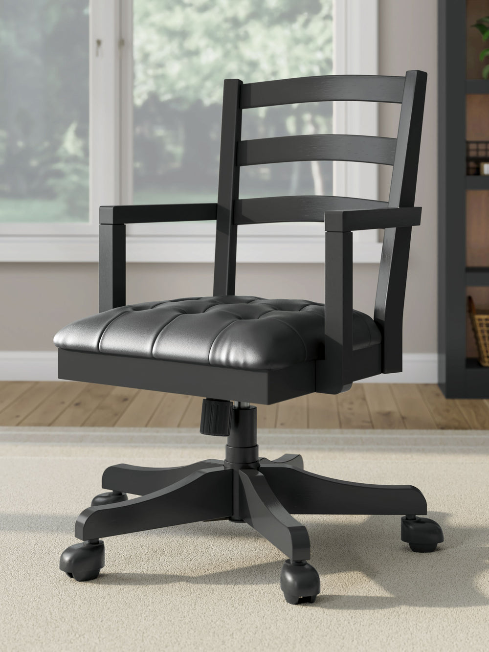 Raise the bar on modern farmhouse style with this home office chair. Its casual good looks are accentuated with a comfortably cushioned seat and warm satin black finish. And it swivels, rolls and adjusts so you can remain a mobile multitasker. Whether you