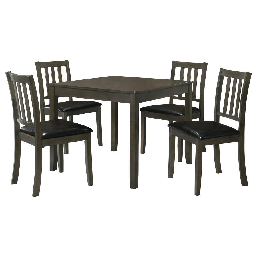 Perfectly sized for a breakfast nook or compact dining room, this contemporary five-piece dining set offers inviting style and a compact profile. The set centers on a square dining table crafted of wood with okume veneer in a stylish, neutral finish. Four