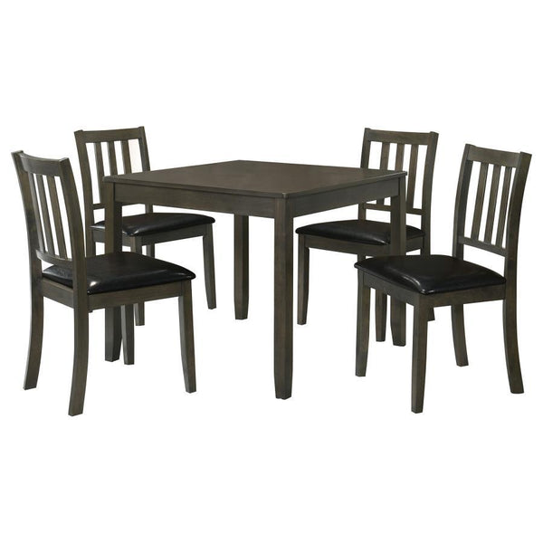  this contemporary five-piece dining set offers inviting style and a compact profile. The set centers on a square dining table crafted of wood with okume veneer in a stylish