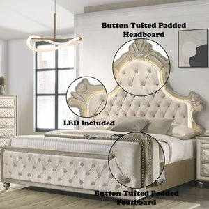 Lucienne - Eastern King Bed With LED - Beige Velvet