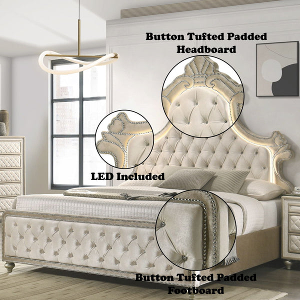 Lucienne - Eastern King Bed With LED - Beige Velvet