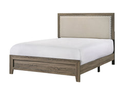 This bedroom set offers a minimalist design with a nod to rustic aesthetics, perfect for creating a serene and uncluttered space. The straightforward lines of the bed frame, combined with the upholstered headboard cushion, exude a sense of calm and comfor