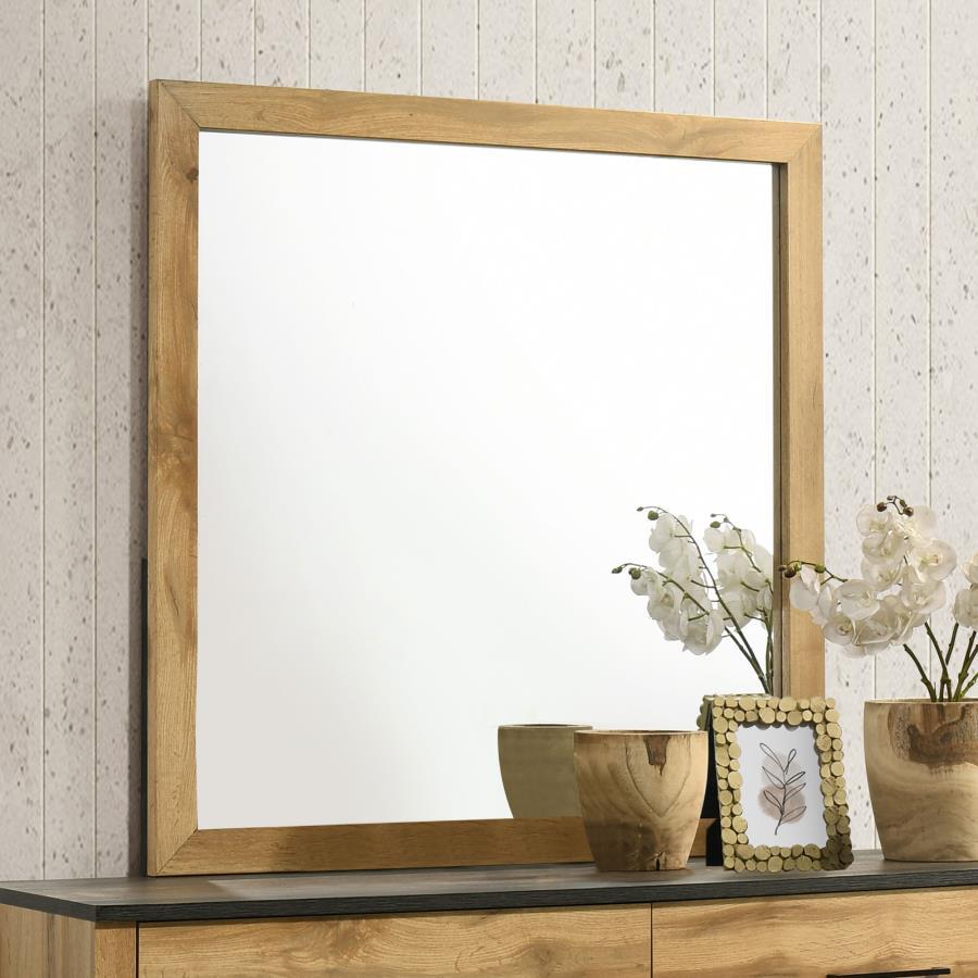 Enhance the functionality and style of your dresser with this elegant dresser mirror. Featuring a weathered brown and natural pine finish, it perfectly complements the mid-century modern and rustic design of the dresser. The mirror-'s frame is crafted fro