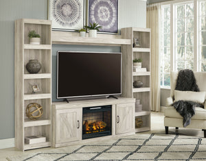 Express your modern farmhouse style with this entertainment center with fireplace. Its wispy white finish over replicated oak grain is a delightful change from the ordinary. The clean-lined, classic styling with barn door inspiration provides a country-ch