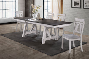  making it a perfect addition to any dining space. This set includes a two-tone dining table with self-storing leaves and four dining chairs. Crafted from solid rubb