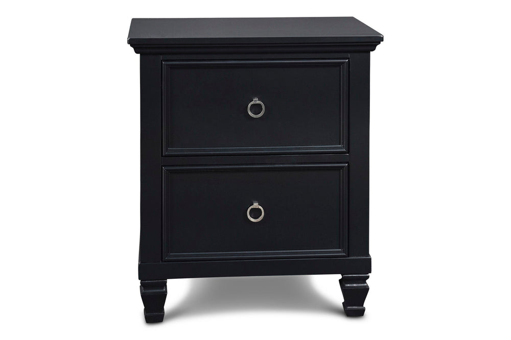 The Tamarack 2 Drawer Wood Nightstand in Black combines durability with elegance. Built with solid poplar, basswood veneers, and eco-friendly manufactured wood, this nightstand ensures strength and long-lasting durability. Its versatile transitional desig
