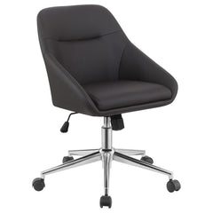 Wrapped in soft and smooth leatherette, this modern office chair features contoured edges for an elegant, contemporary silhouette. Lean against the supportive, comfortable backrest as you focus on work and other tasks. The seating also features a pintuck 