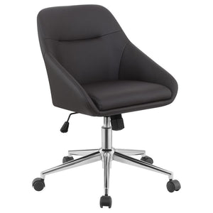Wrapped in soft and smooth leatherette, this modern office chair features contoured edges for an elegant, contemporary silhouette. Lean against the supportive, comfortable backrest as you focus on work and other tasks. The seating also features a pintuck 