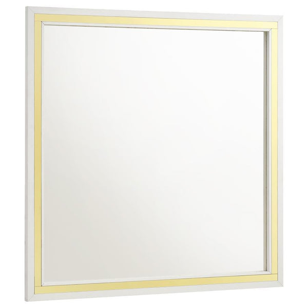 Put a glamorous finishing touch on your dresser with a modern framed mirror. Offering a polished touch of style, the mirror boasts a sleek, squared silhouette complete with a crisp white finish. Gleaming gold finish trim augments the front of the frame, c