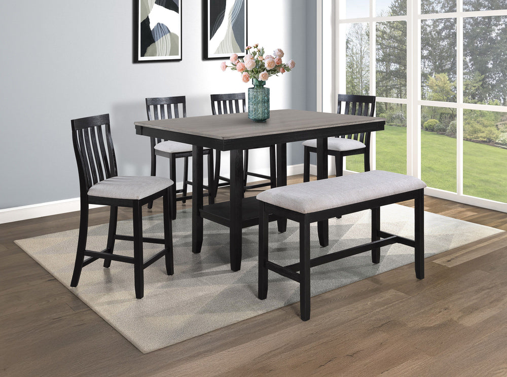 This counter-height dining group marries modern sophistication with casual dining. The ensemble includes a robust table in a 2 toned finish that brings a bold statement to your dining space. The clean lines and solid construction reflect contemporary desi
