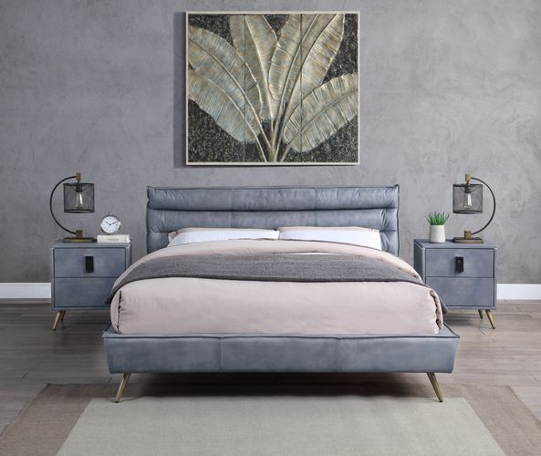 Masculine yet soft, the Doris bedroom collection is edgy and inviting all in one. The leather upholstered bed can fit with an industrial, vintage, or modern bedroom easily. The headboard features horizontal channel tufting to adds some support while leani