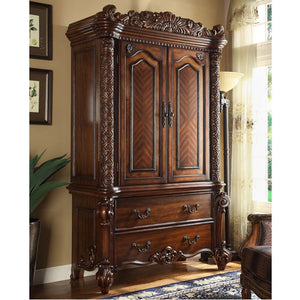 Create an elegant, traditional design in your bedroom with the cherry Vendome TV Armoire. This hand-crafted piece inspired from the luxurious designs of the past, this TV Armoire features elaborate wood carving details, traditional hardware and a sophisti