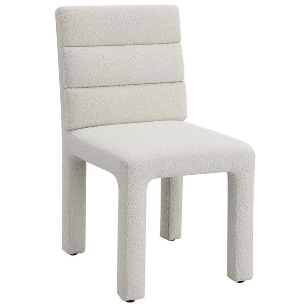 Hettie collection side chair enveloped in luxurious beige boucle, exudes timeless elegance and comfort. Its structured design and plush upholstery make it an ideal addition to any dining or living space. This chair not only provides a chic seating option 