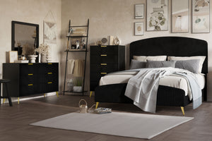The Kailani 4 Piece Bedroom Set in black offers a perfect blend of modern design, luxurious comfort, and sustainable craftsmanship, making it a standout choice for any bedroom. This set includes an upholstered panel bed, dresser, mirror, and chest, all ex