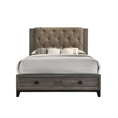 This transitional storage bed provides the perfect balance of comfort utility and style. Diamond button tufted upholstered headboard with two drawers under footboard for plenty of storage. Wooden rustic gray oak finish veneer frame, wood tapered leg, and 