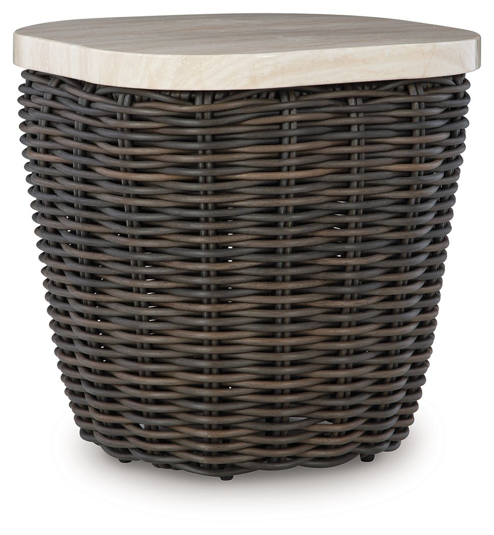 Add luxury, convenience and durability to alfresco fun. This outdoor end table captures the textural beauty of wicker while withstanding the elements, from rain to shine. With its marble-look aluminum top, you can stylishly keep your pool-side drinks or r