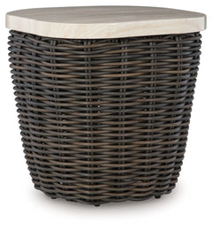 Add luxury, convenience and durability to alfresco fun. This outdoor end table captures the textural beauty of wicker while withstanding the elements, from rain to shine. With its marble-look aluminum top, you can stylishly keep your pool-side drinks or r