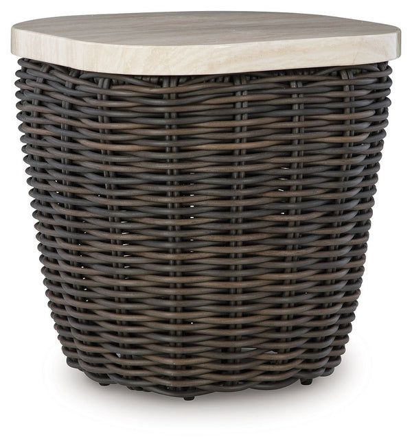 Add luxury, convenience and durability to alfresco fun. This outdoor end table captures the textural beauty of wicker while withstanding the elements, from rain to shine. With its marble-look aluminum top, you can stylishly keep your pool-side drinks or r