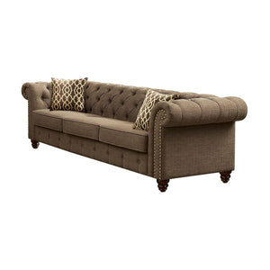 Aurelia sofa collection upholstered in gray & beige color linen fabric. Comfort and style define this sofa collection. This sofa and loveseat are detailed with classic details like deep button tufts and plush, sheltering arms. Adorned with button tufting 
