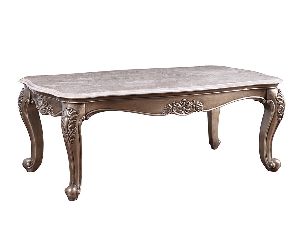Rectangular Coffee Table â€¢ NO Storage â€¢ Marble Top â€¢ Wooden Frame with Raised Scrolled Trim and Floral Motifs (Vintage Hand-Brush Finish) â€¢ Queen Anne Leg<br/><br/><b>Product Features</b><ul><li>Exclusive Design</li><li>Occasional Tables</li><li>M