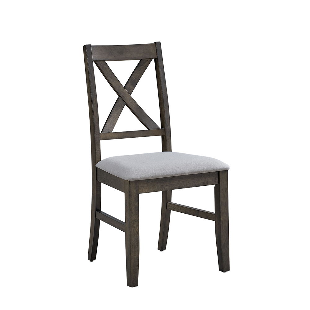 This Marit dining set features a stylish gray finish and an eye-catching -"X-" shape leg design, offering both elegance and stability. The accompanying chairs and bench come with padded seat cushions, providing comfort for extended gatherings. Perfect for