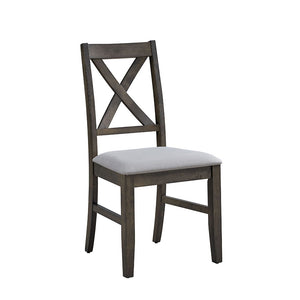 This Marit dining set features a stylish gray finish and an eye-catching -"X-" shape leg design, offering both elegance and stability. The accompanying chairs and bench come with padded seat cushions, providing comfort for extended gatherings. Perfect for