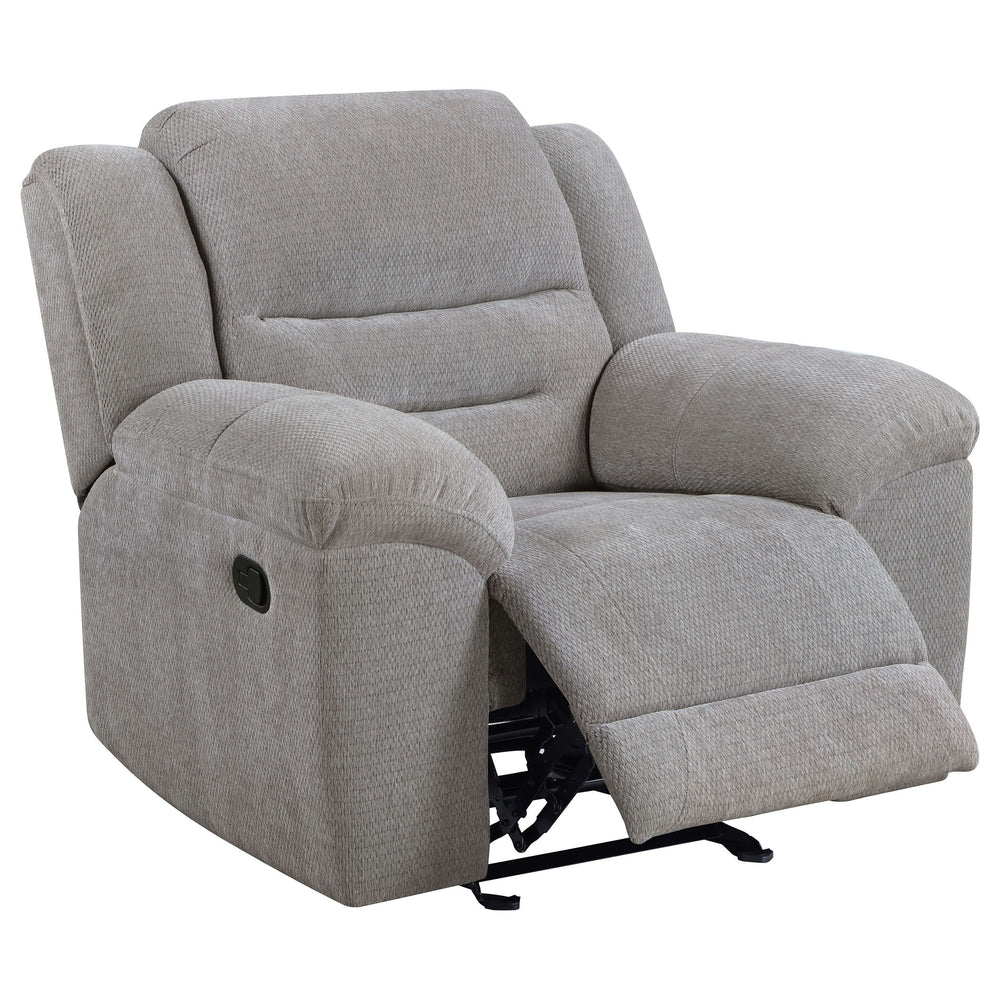 Experience ultimate relaxation with our manual glider recliner, designed to provide a laid-back and comfortable seating option. Wrapped in soft textured grey chenille fabric, this recliner offers a plush and inviting feel. The manual recline feature allow