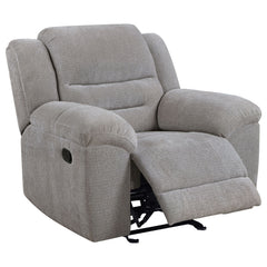 Experience ultimate relaxation with our manual glider recliner, designed to provide a laid-back and comfortable seating option. Wrapped in soft textured grey chenille fabric, this recliner offers a plush and inviting feel. The manual recline feature allow