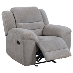 Experience ultimate relaxation with our manual glider recliner, designed to provide a laid-back and comfortable seating option. Wrapped in soft textured grey chenille fabric, this recliner offers a plush and inviting feel. The manual recline feature allow