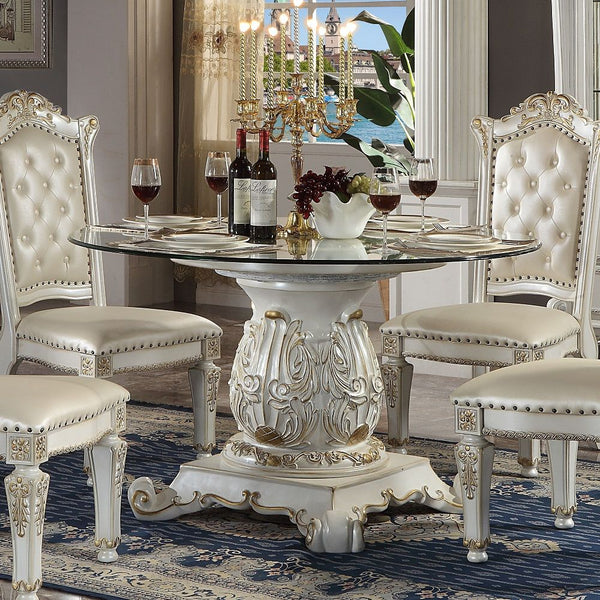 KD, Single Pedestal Table with Glass Top, 54-"Dia (NO Storage) Glass Top: 54-"Dia, 8mm Clear Tempered Glass with Beveled Edge Wooden Single Pedestal: Oversized Column with Molding Details and Scrolled Pedestal Square Base