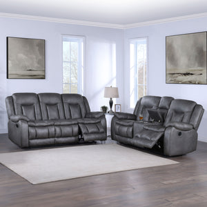 The Morello 2 Piece Reclining Sofa and Console Loveseat in gray is a perfect blend of comfort and style, ideal for any living room. This set includes a plush couch and a convenient console loveseat, both upholstered in 100% polyester fabric that mimics th